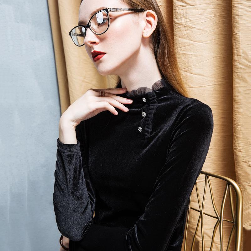 Sametová volánová blůza se stojáčkem - Dámská módní košile v evropském stylu na podzim/zimu