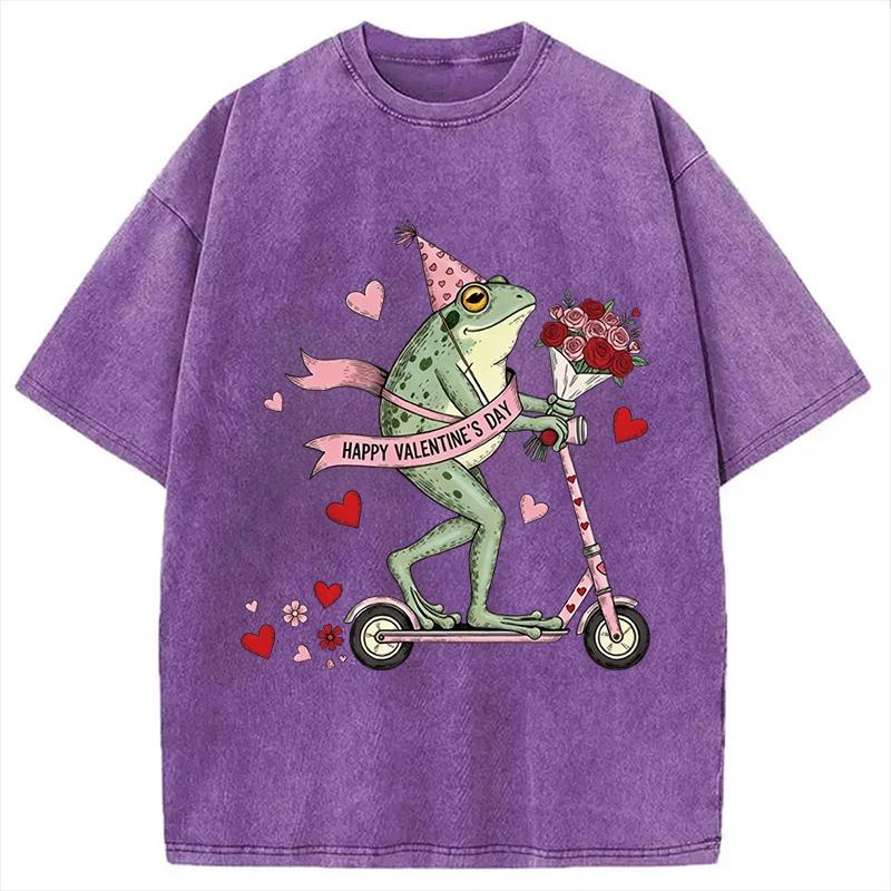 Funny Frog Valentine Washed T-Shirt Men's Short Sleeve Summer Round Neck Tee Oversized Harajuku Chic Couple Tunics Females