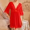 Sexy Lace Nightgown with V-Neck and Bow, Soft and Comfortable Splicing Design