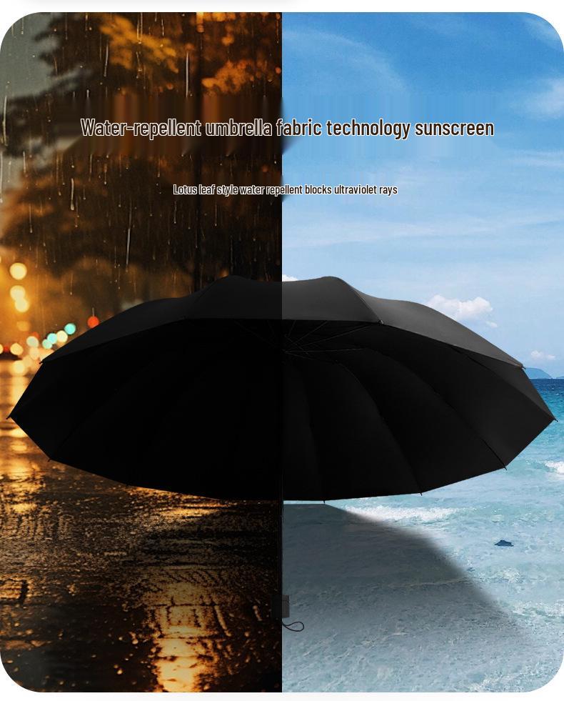 Extra Großer Verstärkter Sturmfester Faltbarer Regenschirm für Sonne und Regen - Schwarzkleber 3-Personen Studentenmodell