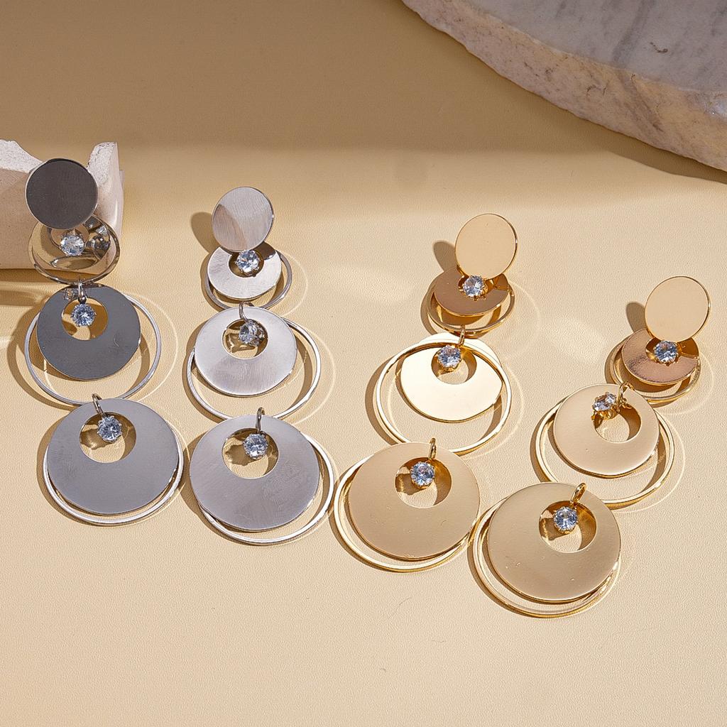 Metallic glossy zircon geometric round silver needle earrings personalized exaggerated earrings