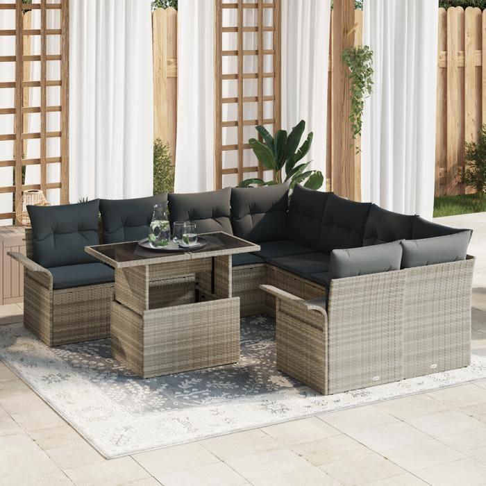 VidaXL Ensemble de Canapé de Jardin 9 Pièces avec Coussins Gris Clair Poly Rattan 3356995