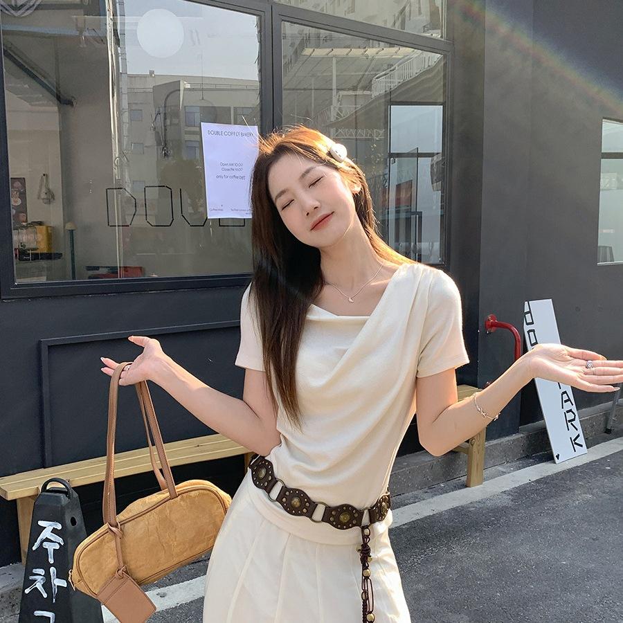 Gentle folds irregular one-word collar off-the-shoulder short-sleeved T-shirt women's summer new niche design top