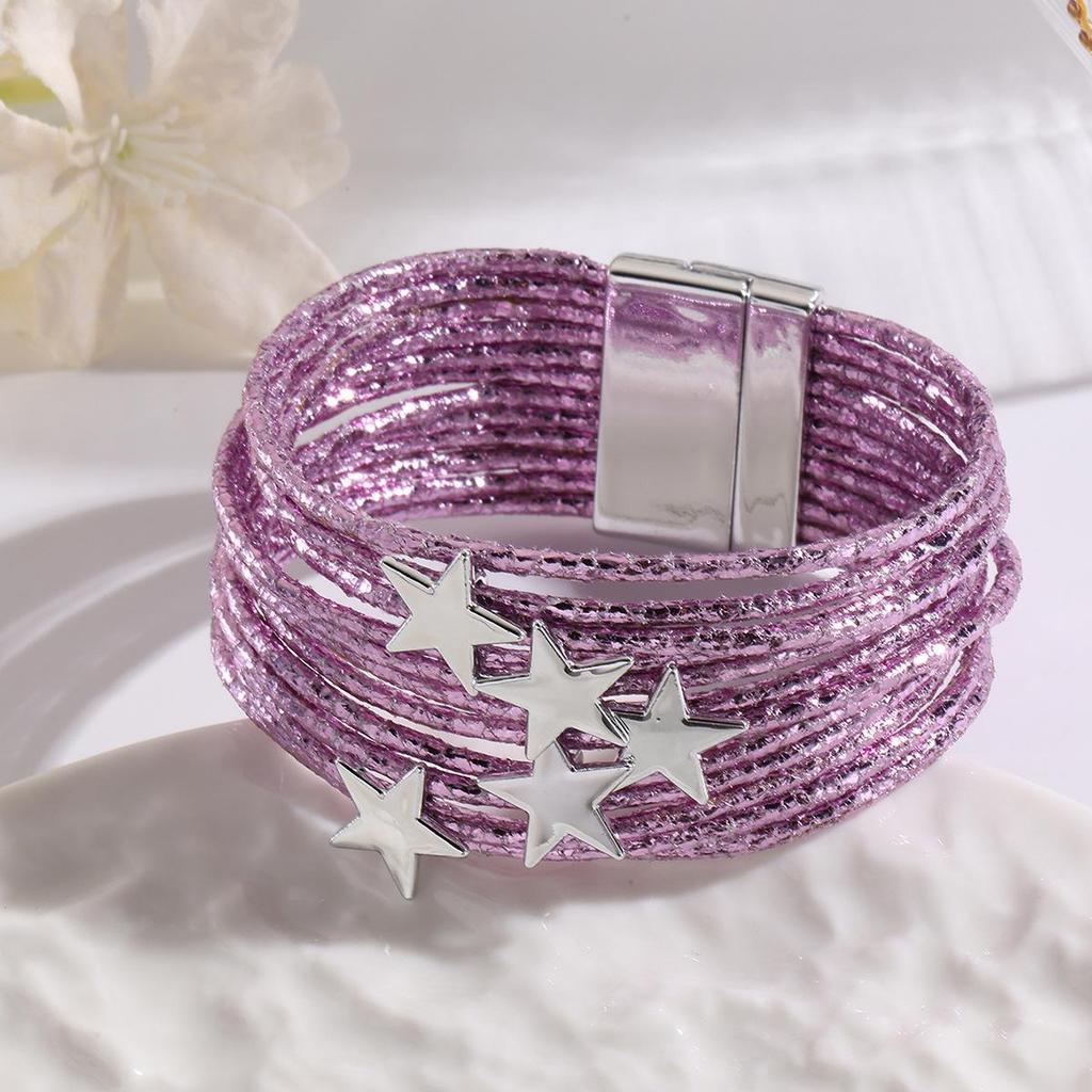 Multilayer Leather Bracelet with Star Charm and Magnetic Closure for Women