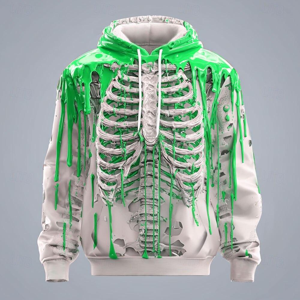 Halloween Men's 3D Skeleton Hoodie Sweatshirt Punk Exaggerated Crew Neck Club Streetwear Lake Blue Red Drawstring Fall Winter