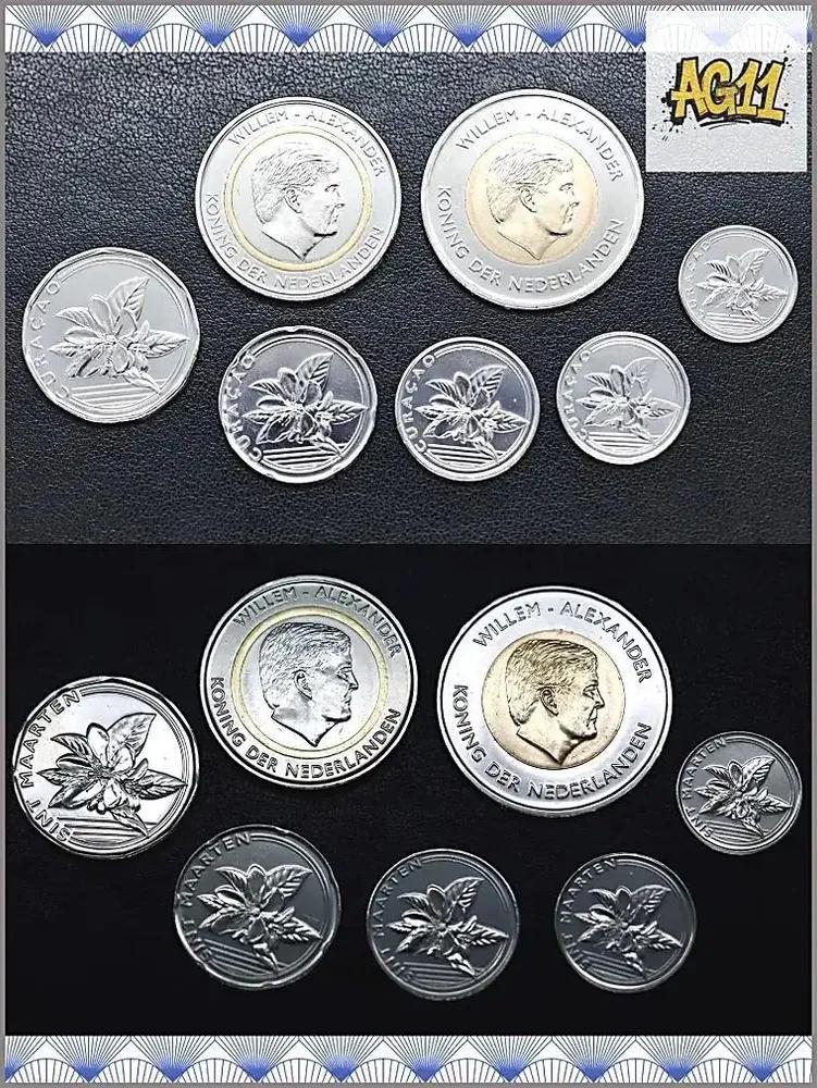 Curacao and Sint Martin 2025 coins - 2 sets of 7 coins (1, 5, 10, 25, 50c, 1, 5 guilders) - New World Currency - UNC