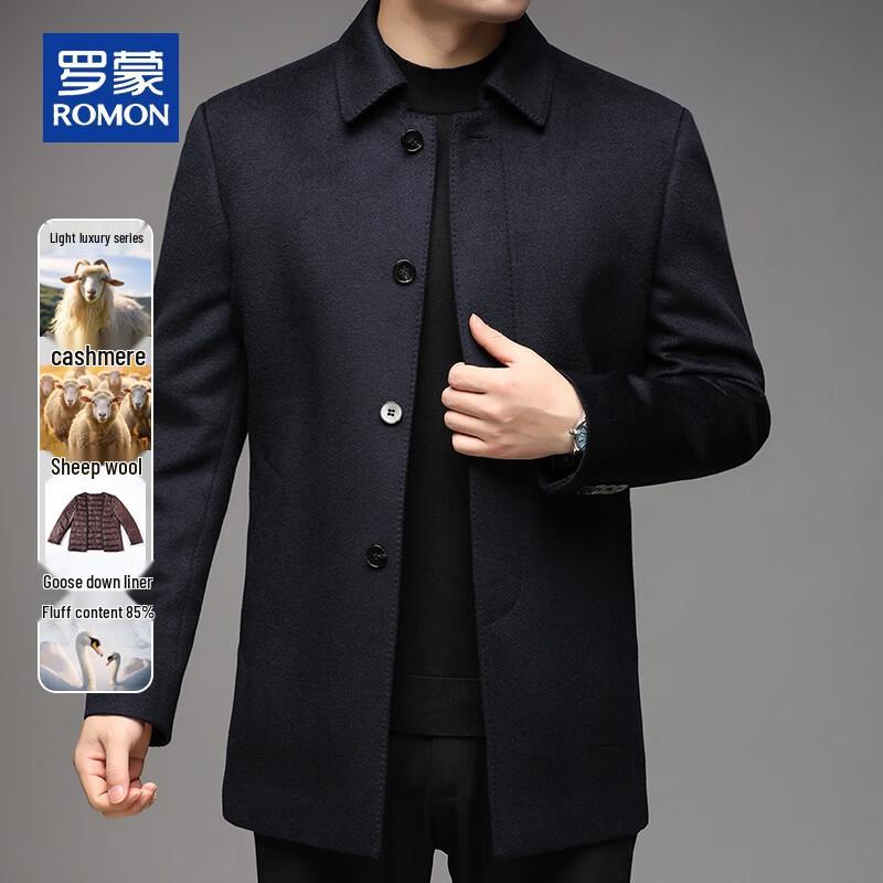 ROMON Men's Cashmere Wool Blend Mid-Length Coat with Goose Down Liner