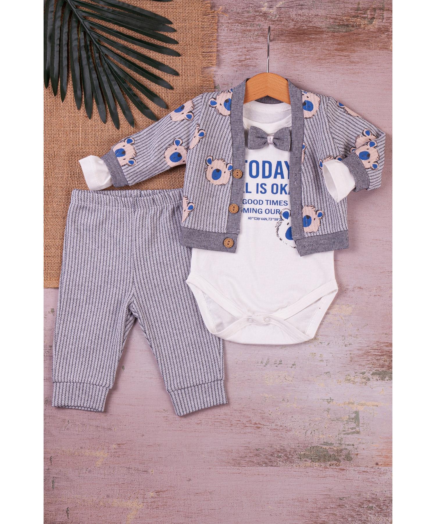 

3 Piece Baby Boy Set With Bow Tie Bear Striped Pattern Jacket