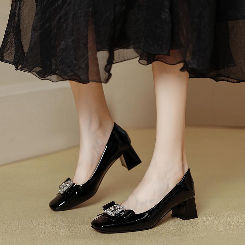 thick heel high heels women's new women's shoes bow middle heel shoes square head light mouth red single shoes
