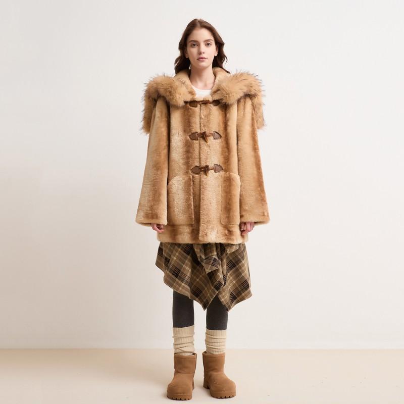 Womens Faux Fur Coat With Detachable Hooded Collar Zipper Thick Warm Winter Outerwear