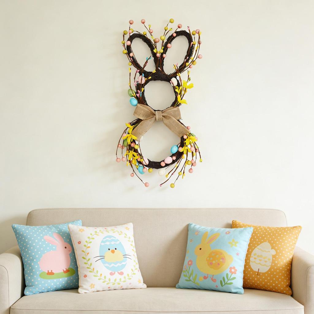 Easter Bunny Rattan Wreath Pendant: Forest-Style Egg Ring Door Hanger Wall Decor