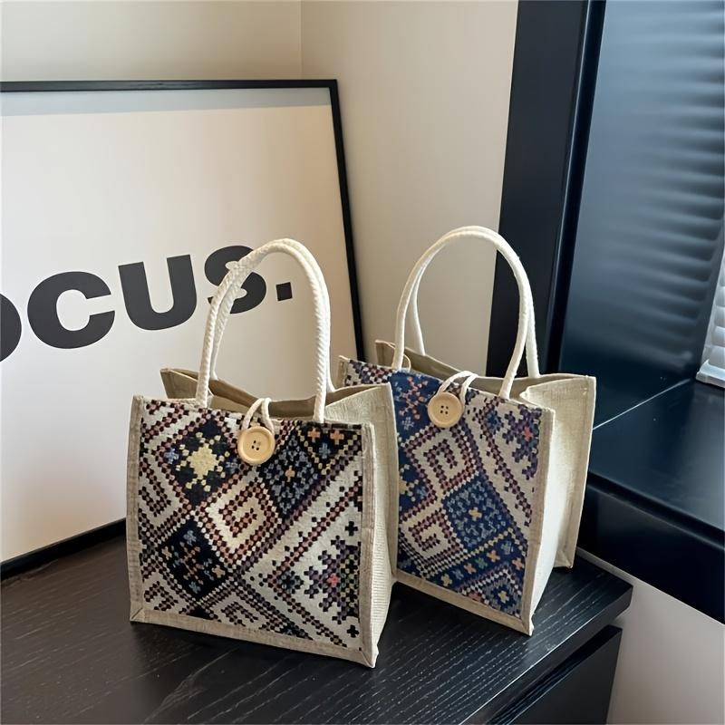 Ethnic Linen Canvas Handbag for Women, Fashionable Grocery Tote, Retro Picnic Shoulder Bag with Buckle Closure, Large Capacity Shopping Bag