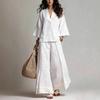 Autumn Women V-neck Seven Sleeve Cotton and Linen Set French Elegant Casual Loose Holiday Wide Leg Pants Outfit Streetwear