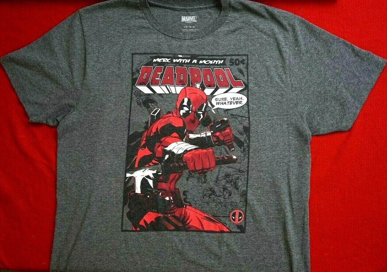 Marvel Deadpool T-Shirt Superhero Graphic Tee Merc with a Mouth Gray Size L S