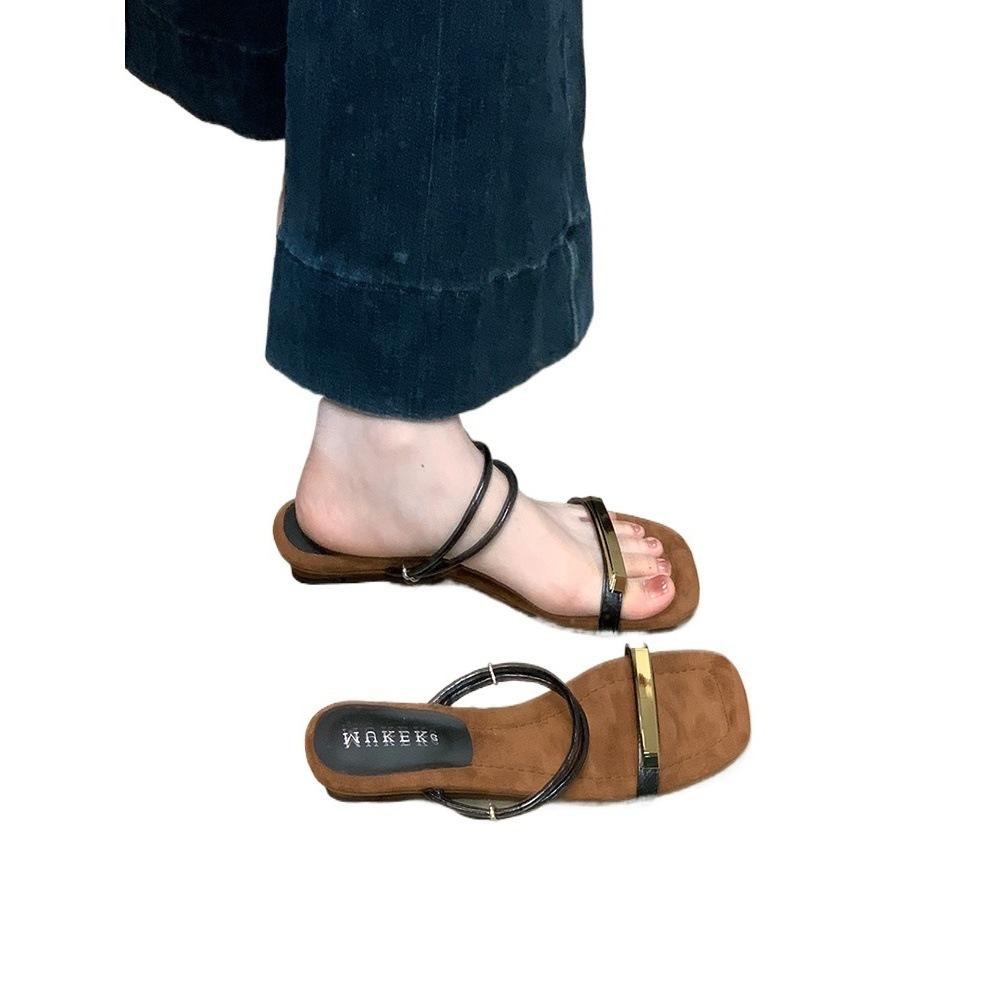 MUKEKe Korean version solid color one-word drag 2025 summer new summer low heel two wear one-word sandals