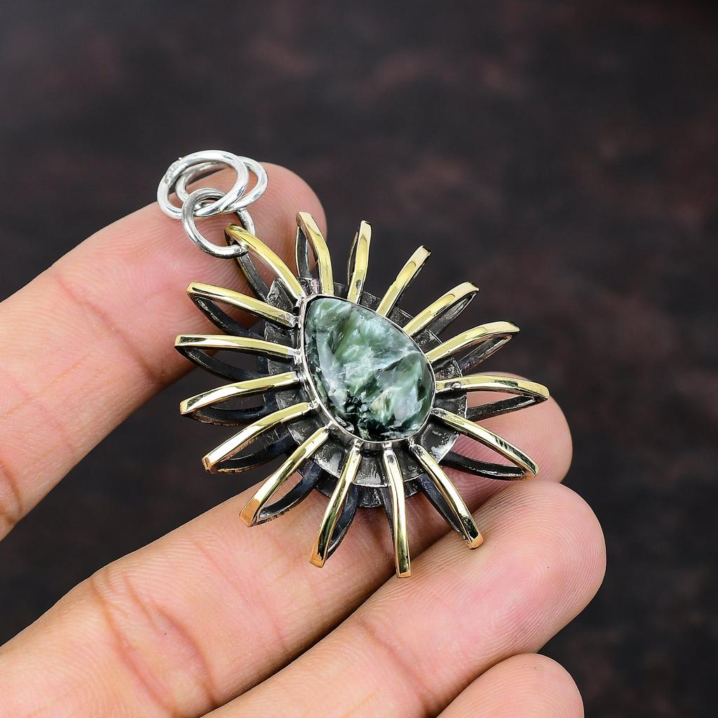 Seraphinite Pendant 925 Sterling Silver Pendant Gemstone Jewelry 18K Gold Plated Pendant Handmade Cage Jewelry Gift For Girl Amazing Pendant
