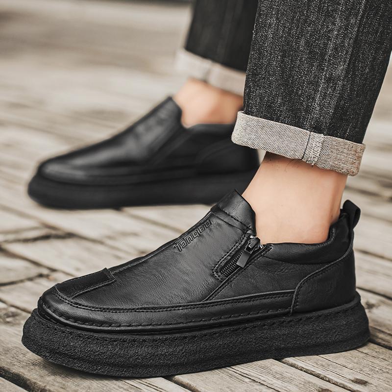 Fashion Men's Waterproof Leather Boots Spring Autumn Casual Non-slip Thick Sole Chef Work Round Toe Side Zip Comfort Walking Shoes