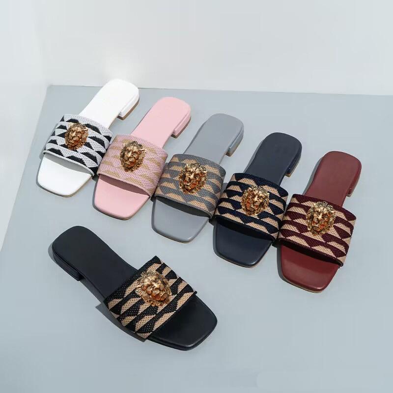 New Women's Embroidered Low Heels Slippers Europe and the United States Large Size Square Head Sandals Leather Shoes