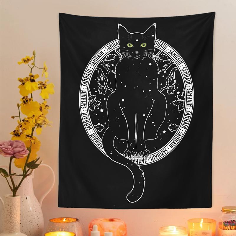 Cat Divination Tapestry Wall Hanging Tarot Cat Black Tapestries Mysterious Decoration Home Decoration Hippie Mattress Dorm Room
