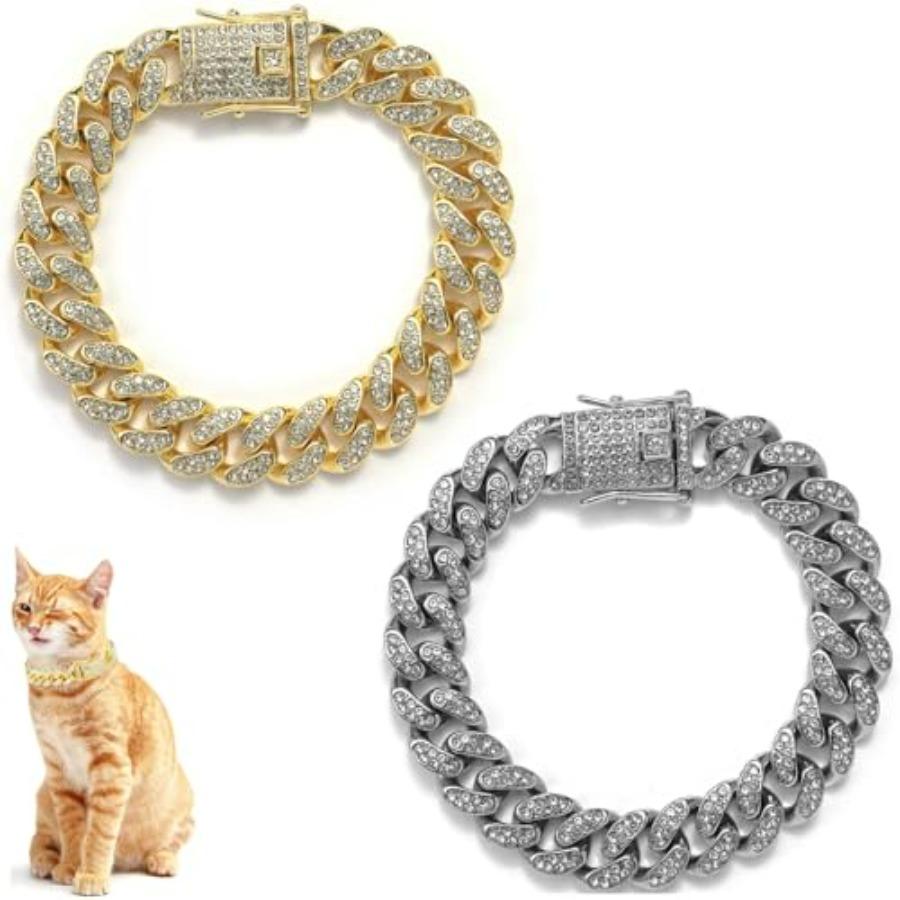 Cat Chain Collar, 2 Pcs Diamond Cuban Link Kitten Walking Collar with Secure Buckle Pet Rhinestones Necklace Metal Chain Jewelr