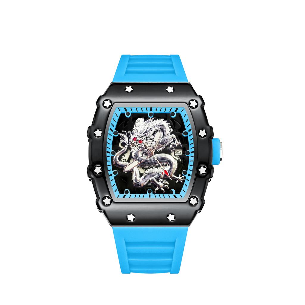 Domineering High-Value Fashion Trend Luminous Waterproof Wine Barrel-Shaped Men'S Watch Silver Dragon