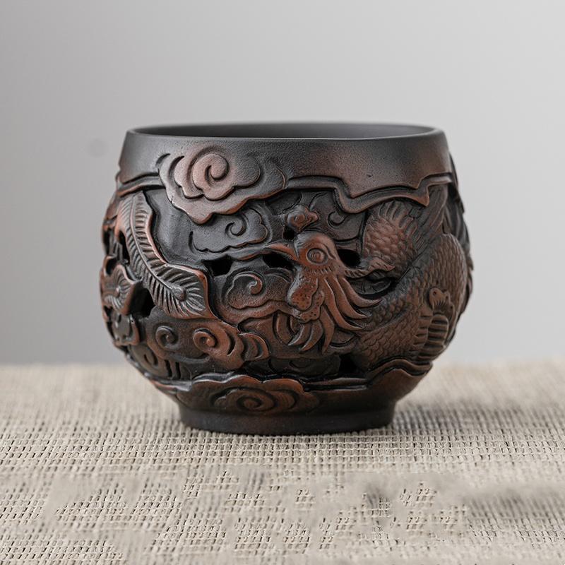 

110 мл фиолетовая керамическая винтажная чайная чашка, вырезанная вручную, керамическая чашка, традиционная чашка с изображением дракона феникса, индивидуальные чайные аксессуары 200ml