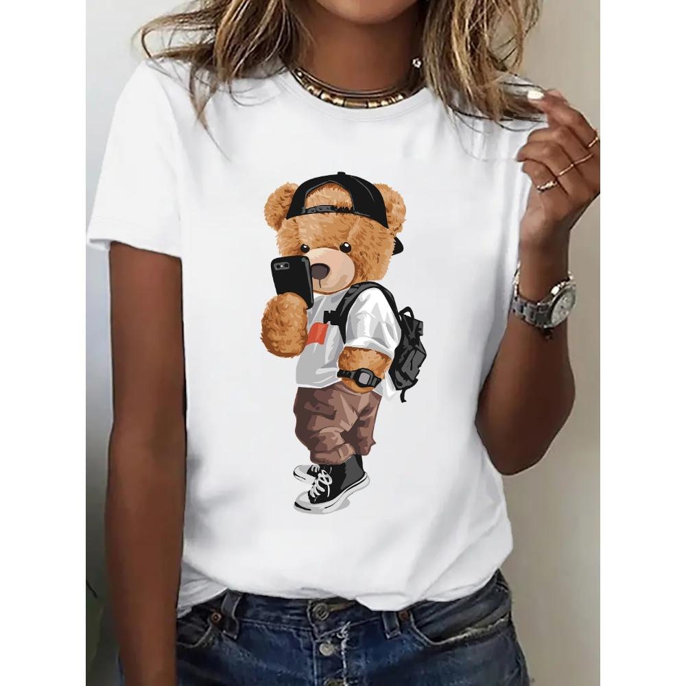 Freizeit Komfort Passform Oberteil Damen Activewear Cartoon Bärenmuster Druck Kurzarm T-Shirt