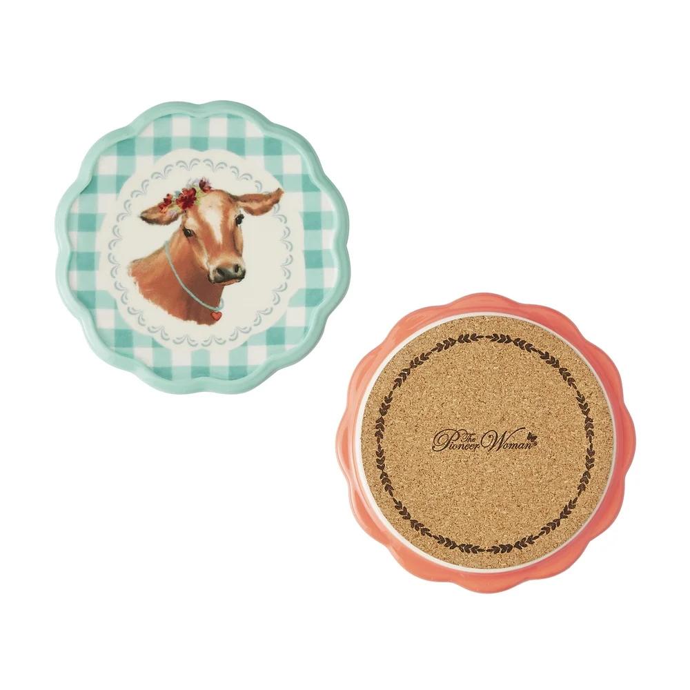 Set of 4 Gingham Ranch Coasters Stoneware Decorative Functional Water Stain Protection Hand Wash Unique Novelty Designs Durable