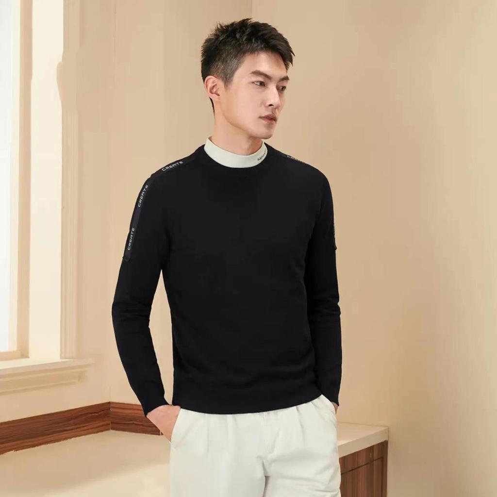 Autumn Men's Slim Fit Crew Neck Knit Sweater with Letter Ribbon Detailing