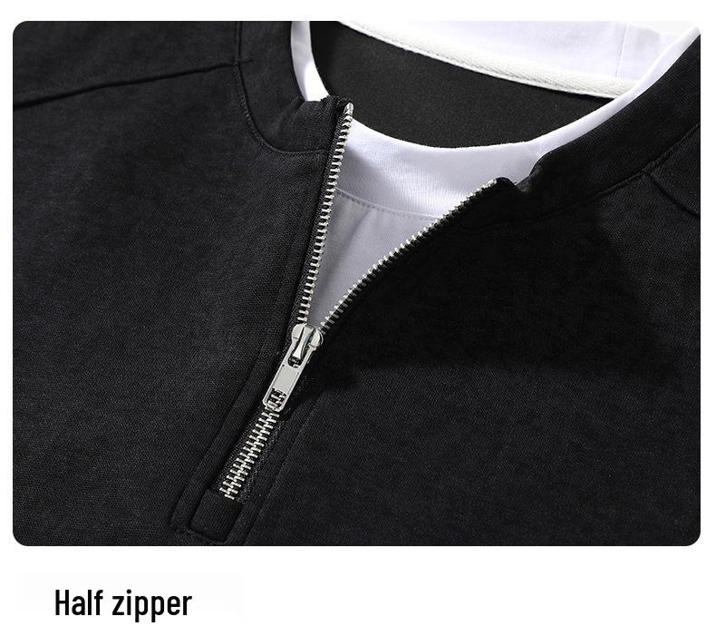 2025 Autumn/Winter Men's Trendy Heavyweight Round Neck Hoodie Pullover, Zippered Fake Two-Piece Long Sleeve Shirt