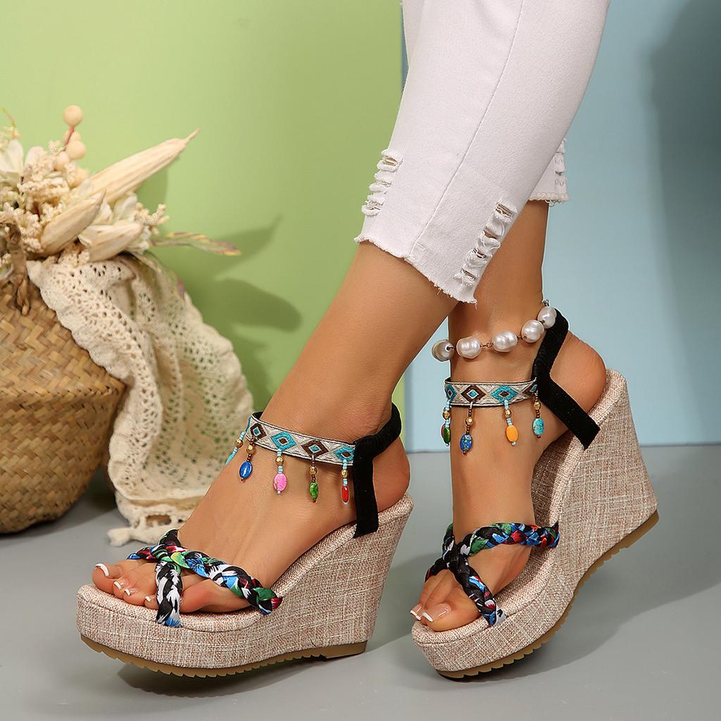 Plus Size 36-43 Wedge Sandals Fashion Open Toe Casual Women's Beach Shoes Chunky Heel Outdoor Summer Slide Sandals Bohemian