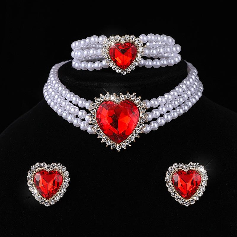 Love full diamond big crystal necklace bridal heart choker multi-layer imitation pearl stud earrings necklace set