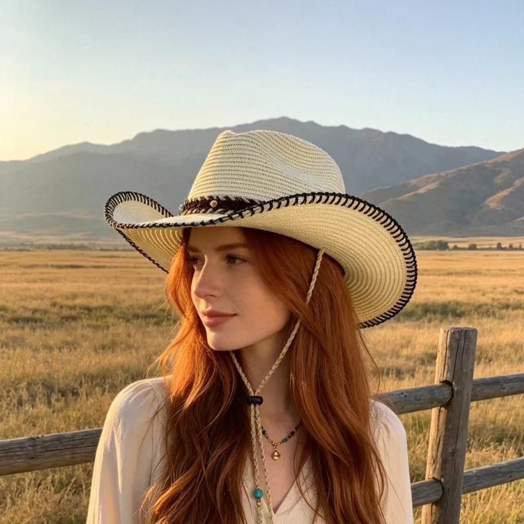 Cowboy Hat Western Male and Female Duck Tongue Fisherman Eaves Sunscreen Straw Hat Outdoor Shading Tourism Mountaineering Tibetan Self-operated