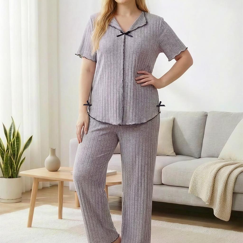Milk silk pajamas set women's solid color short-sleeved trousers lapel bow loungewear two-piece set can be worn outside