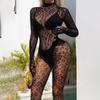 New Sexy Lace Lingerie Women Transparent Catsuit Open Full Body Stockings For Sex Halter Backless Long Sleeves Teddies Bodysuits