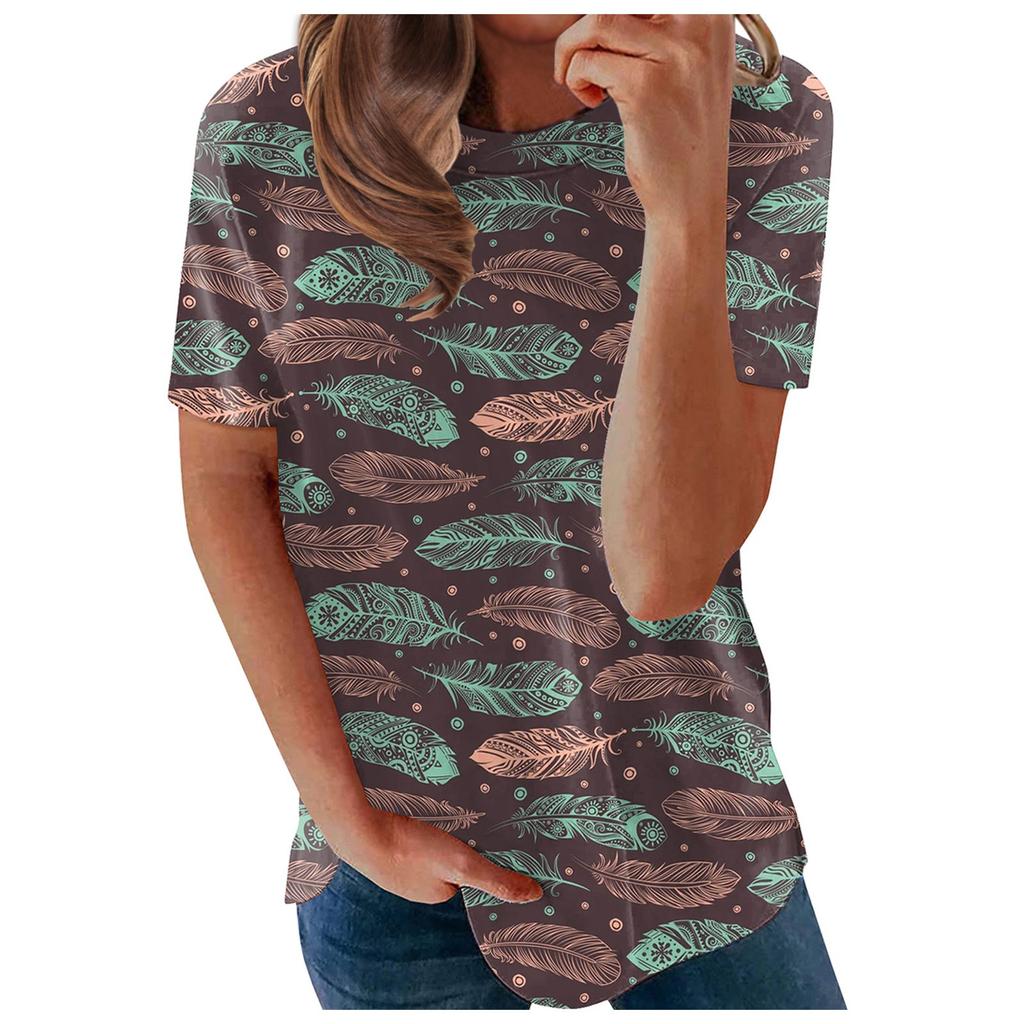 Women's Summer Feather Print Short Sleeve Round Neck Pullover T-shirt Top