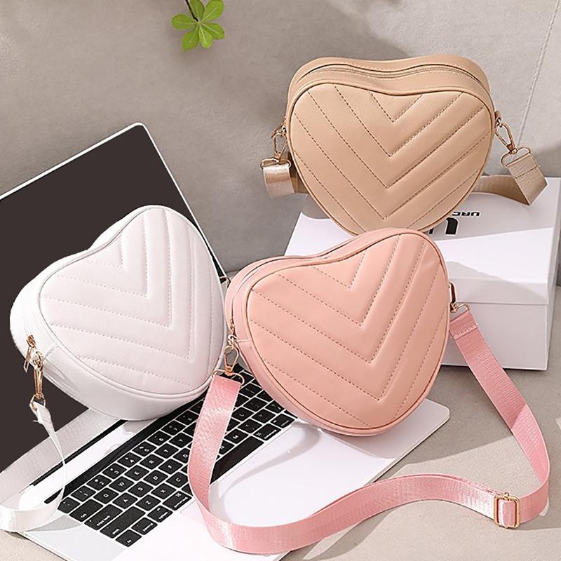 Fashionable Heart-Shaped Shoulder Bag Handbag Pu Leather Zipper Women'S Casual Wide Shoulder Strap Crossbody Bag