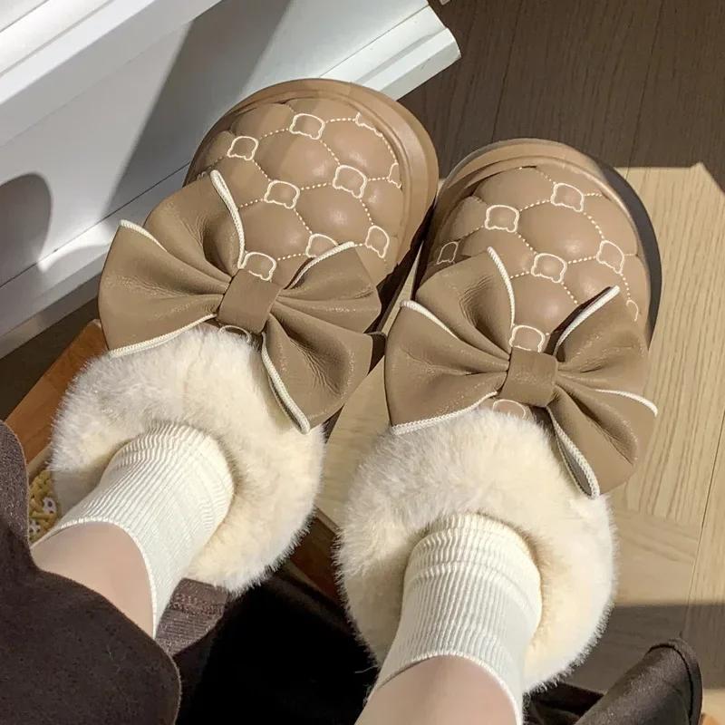Winter Women Snow Boots Cute Bow Cotton Shoes Waterproof Down Ankle Boots Home Comfort Thick Soled Plush Boots Cotton Slippers