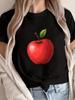 Women's Watercolor Red Apple Pattern T-Shirt Casual Short Sleeve Round Neck Spring Summer Black Bright Apple Pattern Fashion