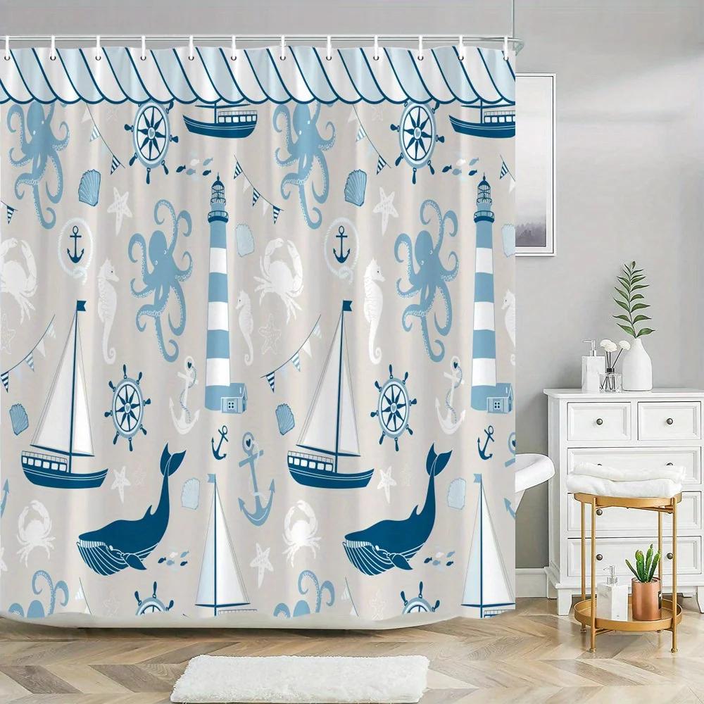 Nautical Curtain - Sailboats, Anchors, Seahorses, 70.8 , 12 Hooks, Machine Washable W90xH180cm