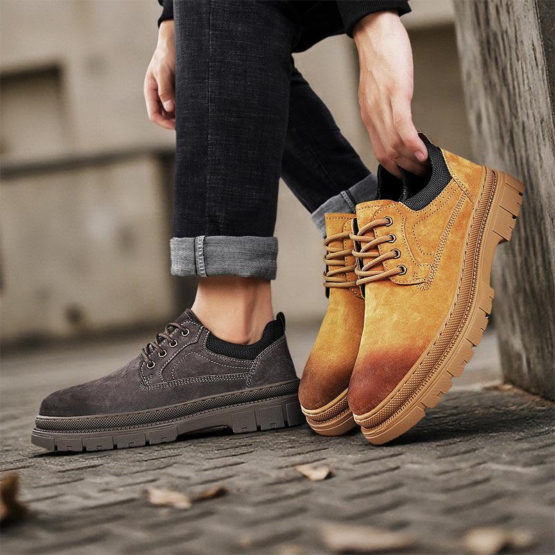 Men's Genuine Leather Outdoor Short Boots, Warm Plus Velvet, Autumn Winter Workwear, Yellow Martin Design.