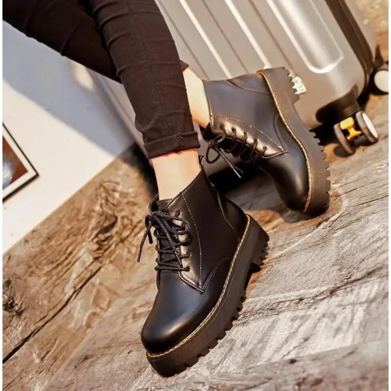 Autumn Winter Women Ankle Boots Platform Lace Up Casual Shoes Woman Retro Oxfords Female Waterproof Goth Thick Boots Footwe