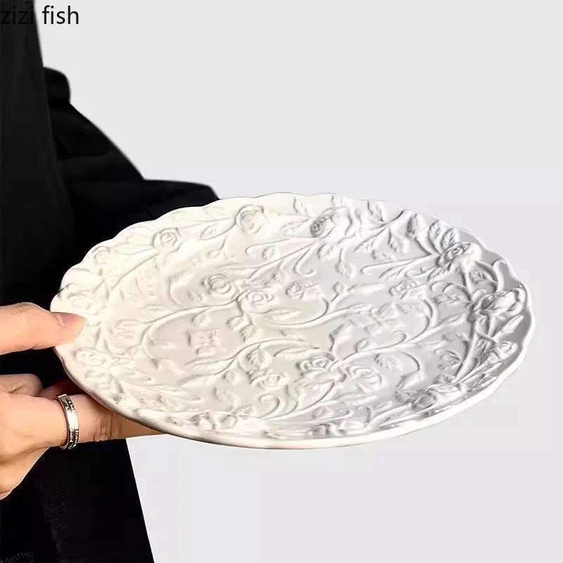 Relief Rose Ceramic Plate Dessert Dish Retro Vegetable Salad Plate Cake Plate Dim Sum Plates Afternoon Tea Ceramic Tableware