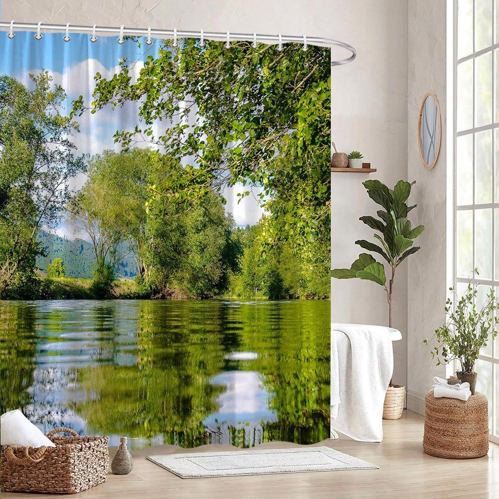 

Shower Curtain: Serene Forest Lake Reflection for a Calming and Nature-Inspired Bathroom Decor W90XH180cm