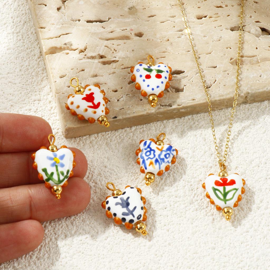 2 Pcs Resin Double-Sided Enamel Heart Painted Charms Flower Tulip Cherry 304 Stainless Steel Pendants DIY Necklace 25mm x 17mm