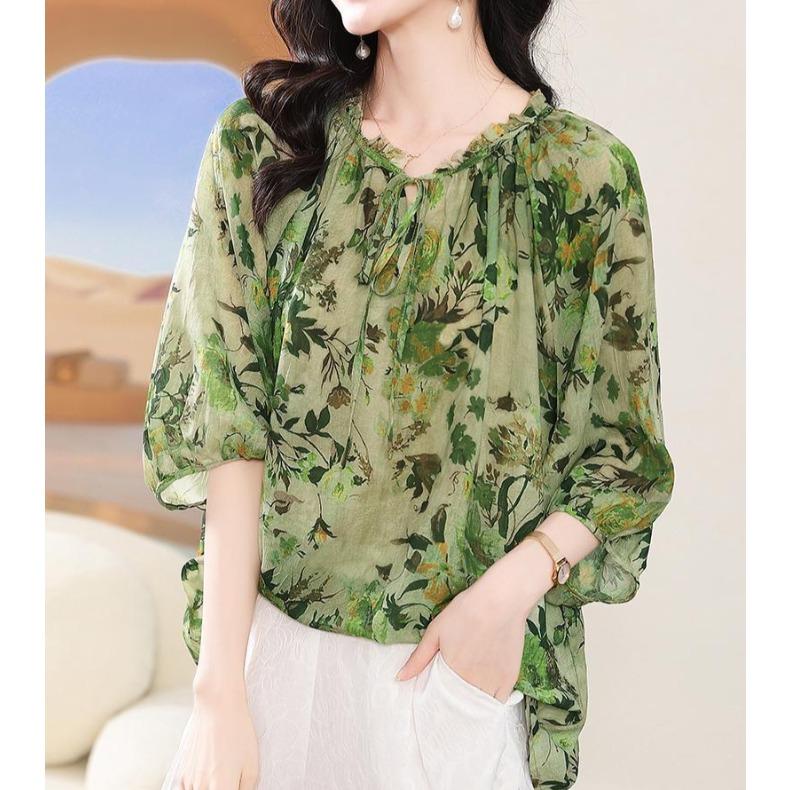 Women's Summer Floral Ageing Chiffon Shirt Loose Thin Casual Temperament Tops