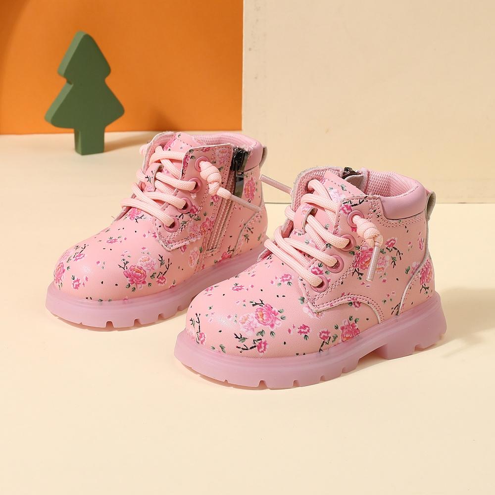 

Autumn Baby Boots For Girls Flower Leather Ankle Boots Rubber Sole Zip Side Toddler Kids Boots 15-25 21 розовый