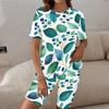 Women Plus Size Round Neck Short Sleeve Black Gold Leaf Printed Longline Top Fitted Shorts Two Piece Set
