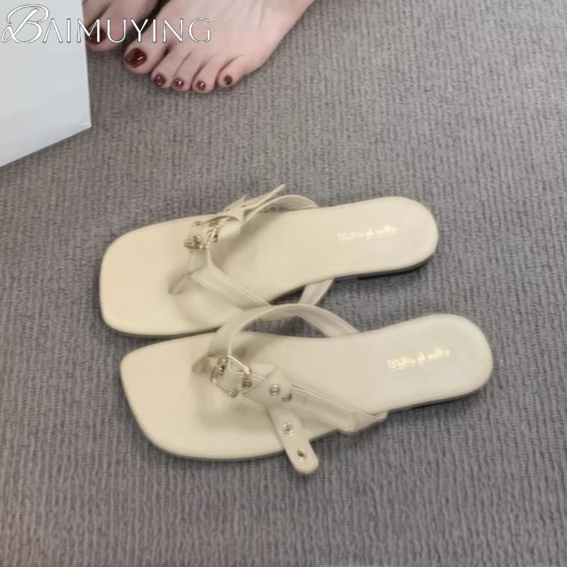 Women's Slippers Buckle Flip Flops Square Toe Sandals Flats Casual Shoes Woman Loafers 2025 Trend Summer Shallow Comfort Slides