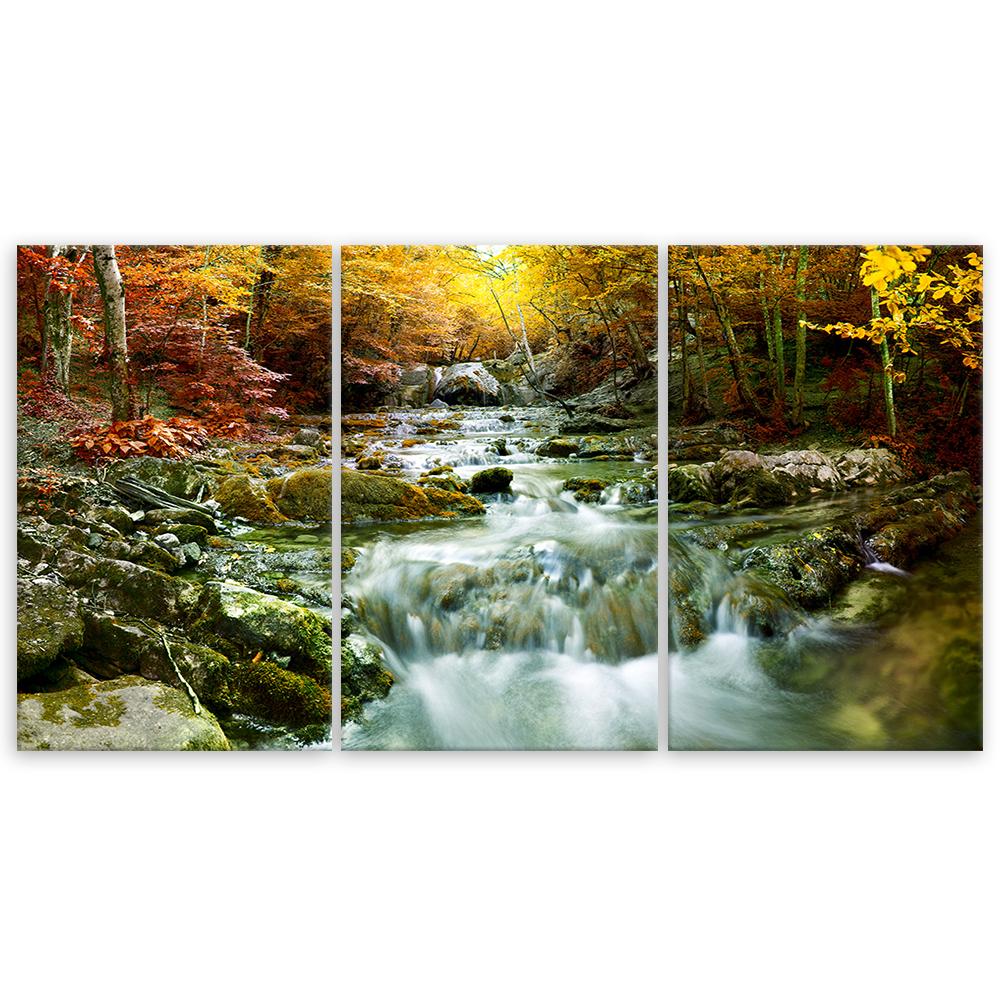 Three Piece Picture Canvas Print Autumn Forest Waterfall Rocks
